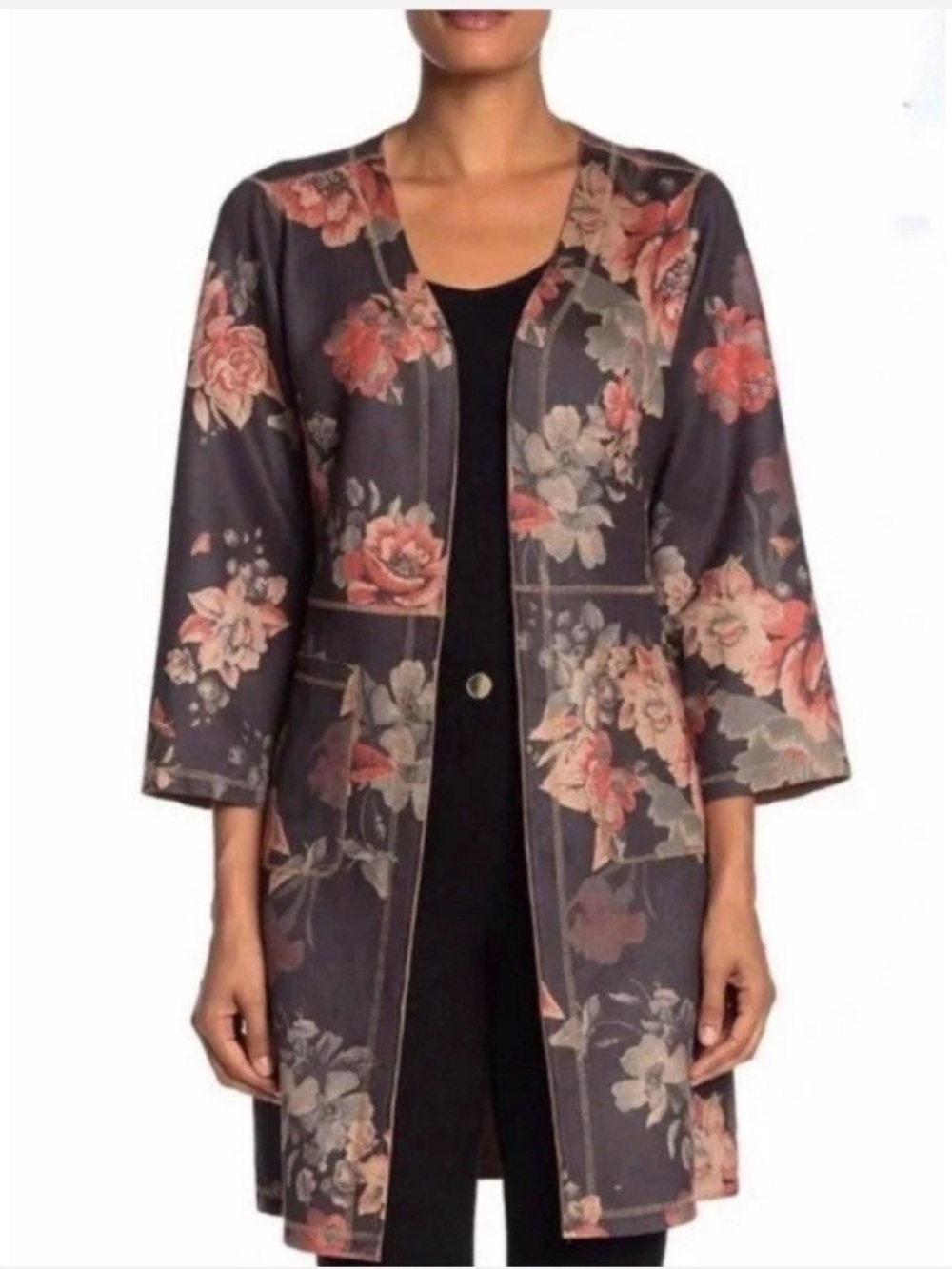 Philosophy Republic Garden Floral Open Front Faux Leather Duster Long Jacket M
